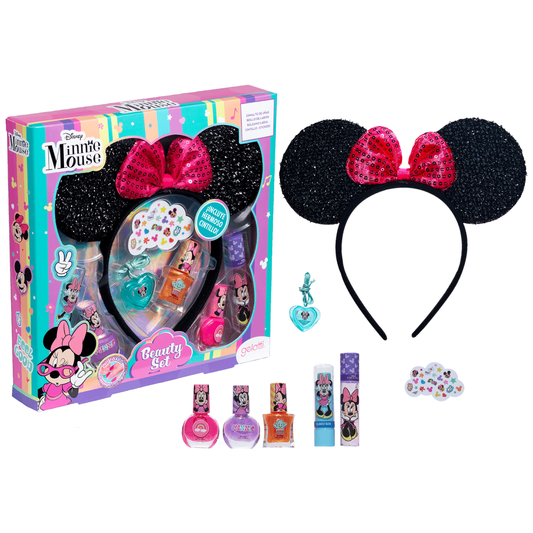 Set de maquillaje Minnie- 3 esmaltes +1 bálsamo Labial +1 brillo de labios+ Accesorio de pelo