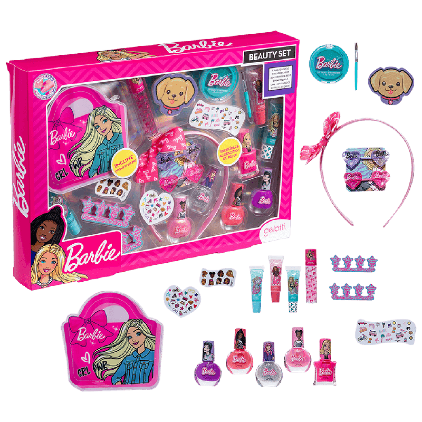 Set de maquillaje Barbie- 5 esmaltes +4 Brillos de Labios + Accesorios de pelo+ Cosmetiquero + Lima