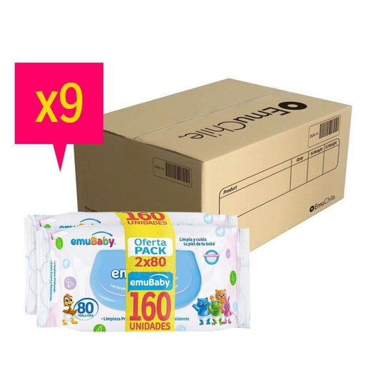 Emubaby Toalla Húmeda con Tapa Pack 2 x 80 unidades / Caja de 9 packs
