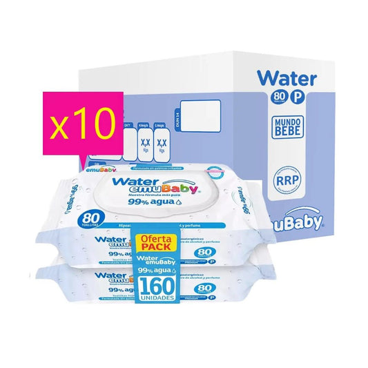 Emubaby Water Toallas Humedas Pack 2 x 80 unidades / Caja de 10 paquetes