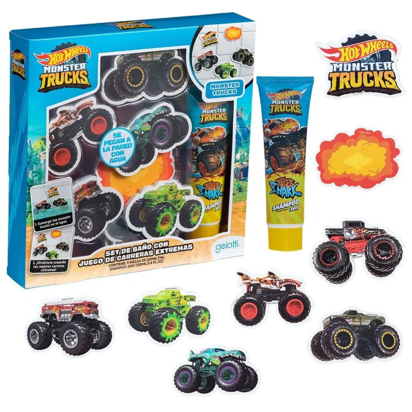 Set de Baño Monster HotWheels- Shampoo 3 en 1+ Juego de Pistas Monster HotWheels