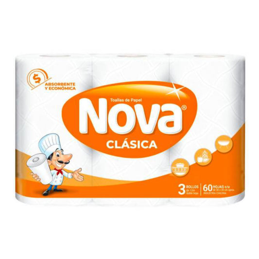 Nova Toalla Clásica 12 Metros x 3 Rollos (8 paquetes - 24 rollos)