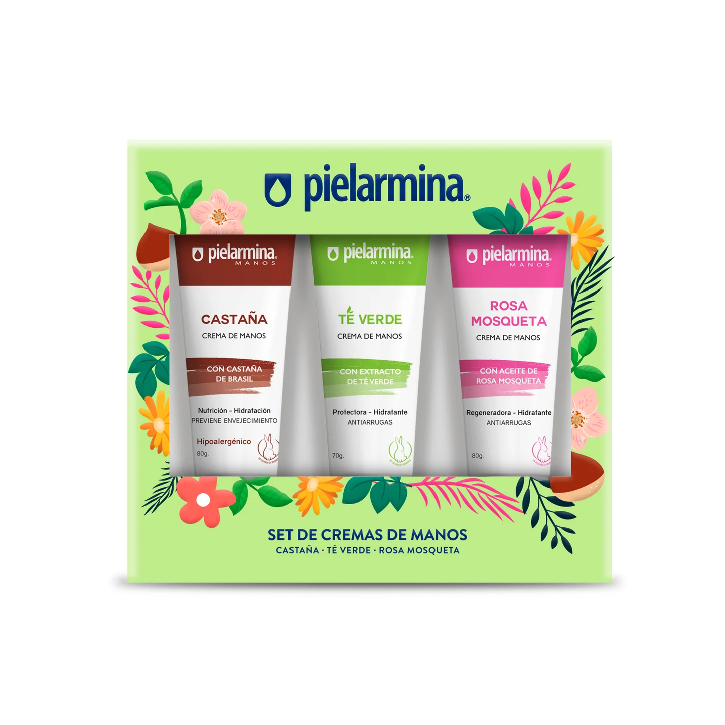 Set Crema de Manos Pielarmina Castaña 70g + Te Verde 70g + Rosa Mosqueta 70g